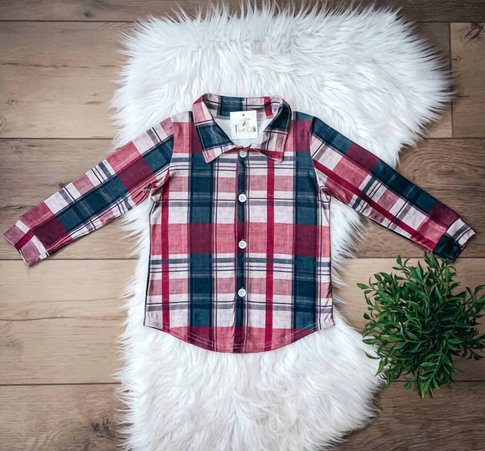 NEW TWOCAN boys christmas plaid & velvet long sleeve button up tee in multi